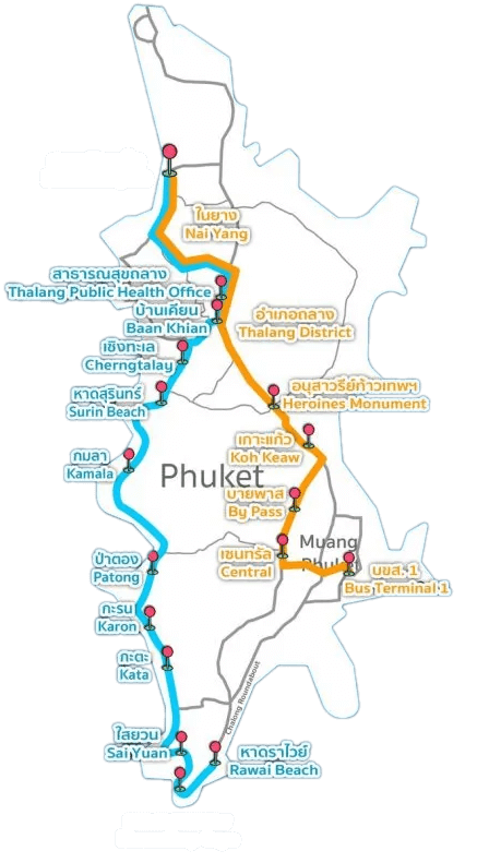 Карта остановок Смартбаса и автобуса до Пхукет-тауна на Пхукете